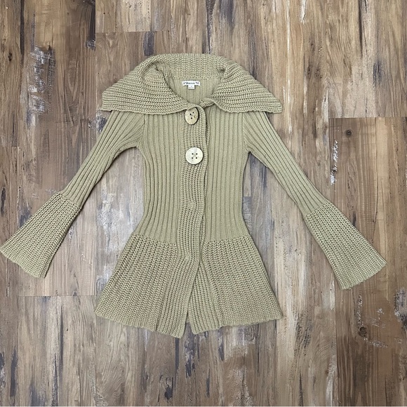 VTG Y2K 2000s Brown Tan Chunky Knit Wooden Button Bell Sleeve Cardigan Sweater - Picture 1 of 10